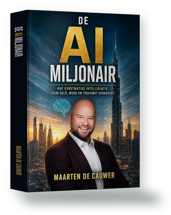 Boek De AI miljonair van Maarten De Cauwer, in 3D van de zijkant gezien